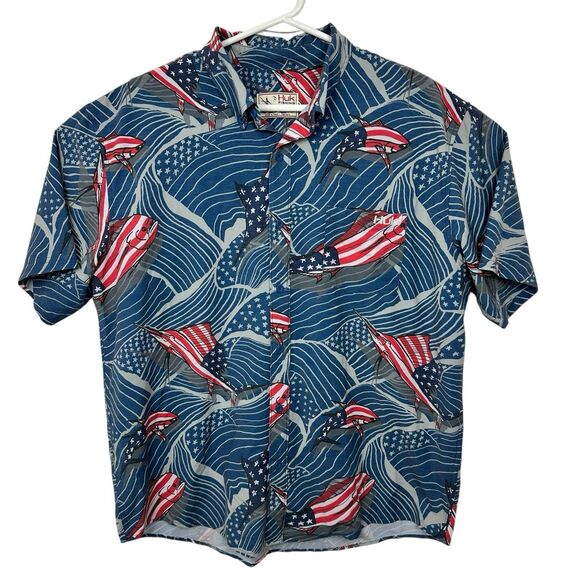 HUK Fishing Shirt Button Down USA Patriotic Sport Fish Mens Sz L Blue Red White - Picture 1 of 8